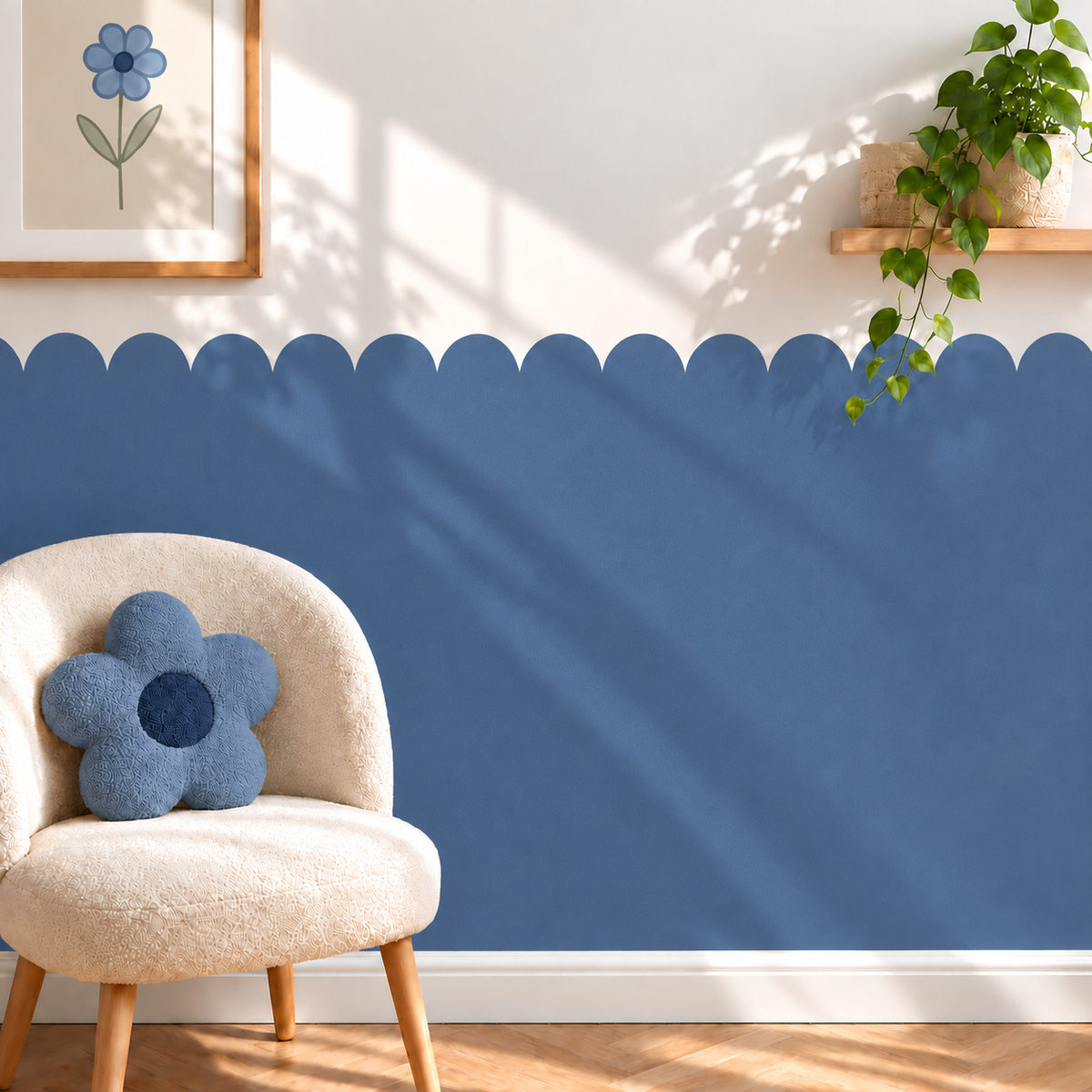 Scalloped Peel and Stick Navy Half Wall Wallpaper