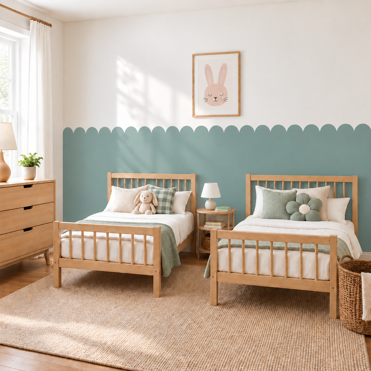 Scalloped Peel and Stick Eucalyptus Half Wall Wallpaper
