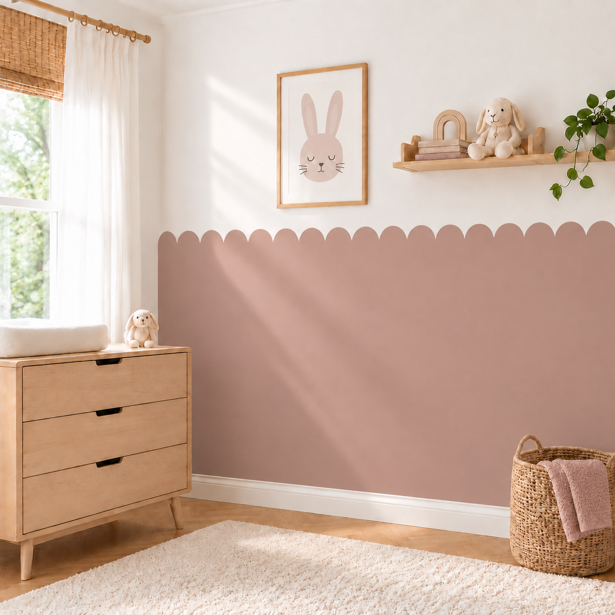 Scalloped Peel and Stick Dusty Rose Half Wall Wallpaper
