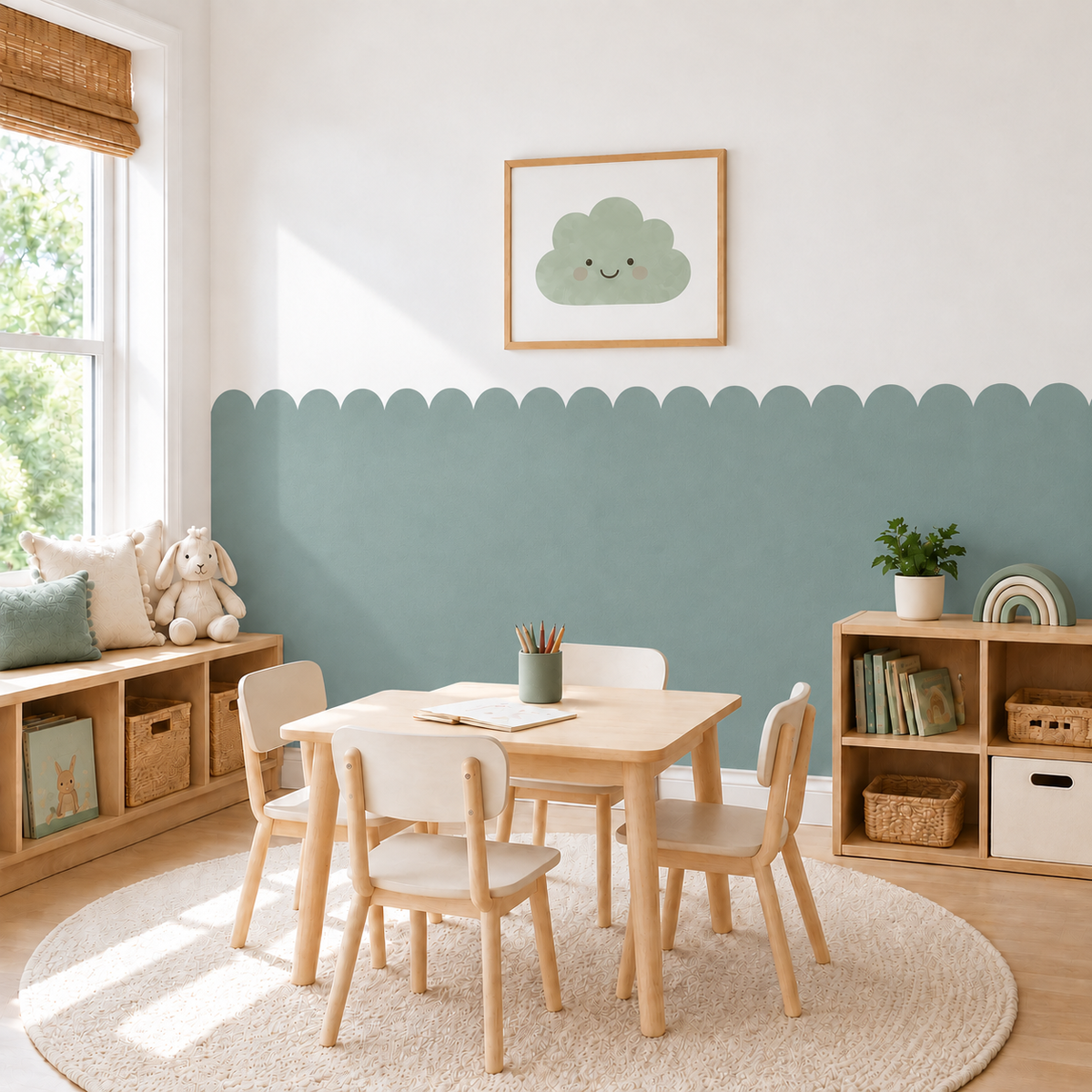 Scalloped Peel and Stick Eucalyptus Half Wall Wallpaper