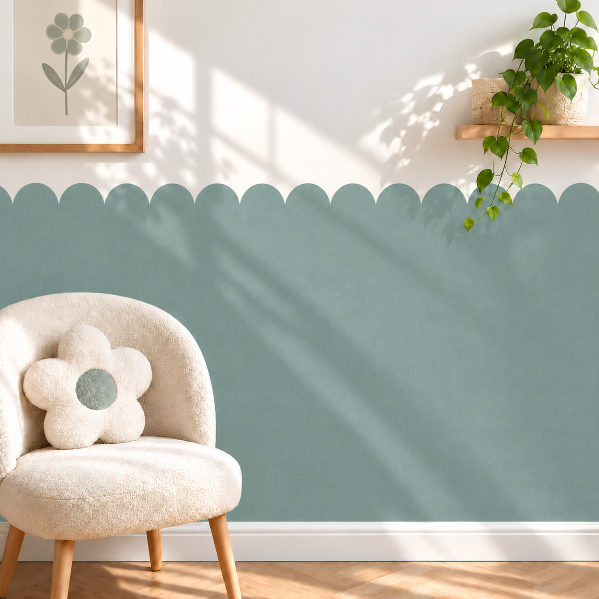 Scalloped Peel and Stick Eucalyptus Half Wall Wallpaper
