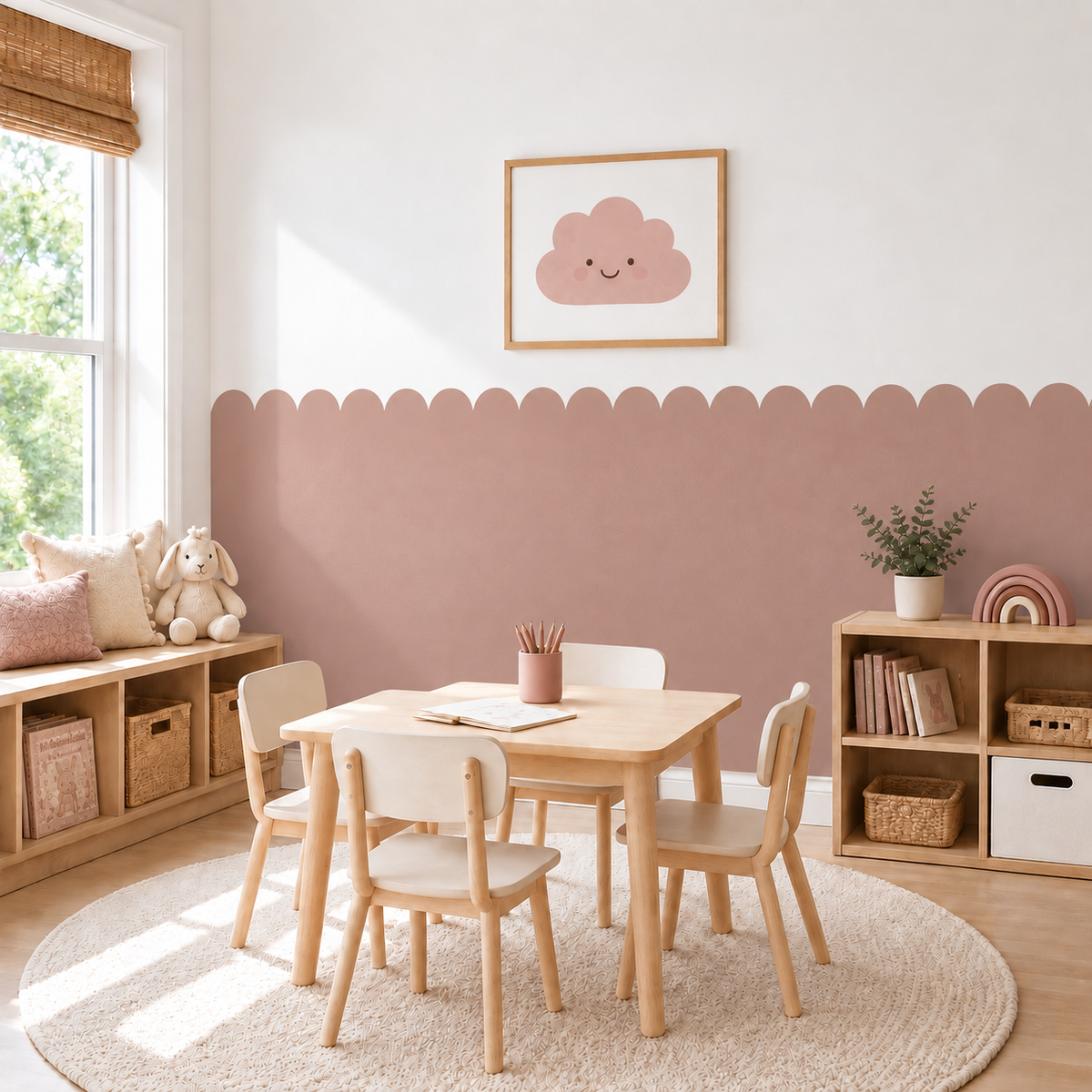 Scalloped Peel and Stick Dusty Rose Half Wall Wallpaper