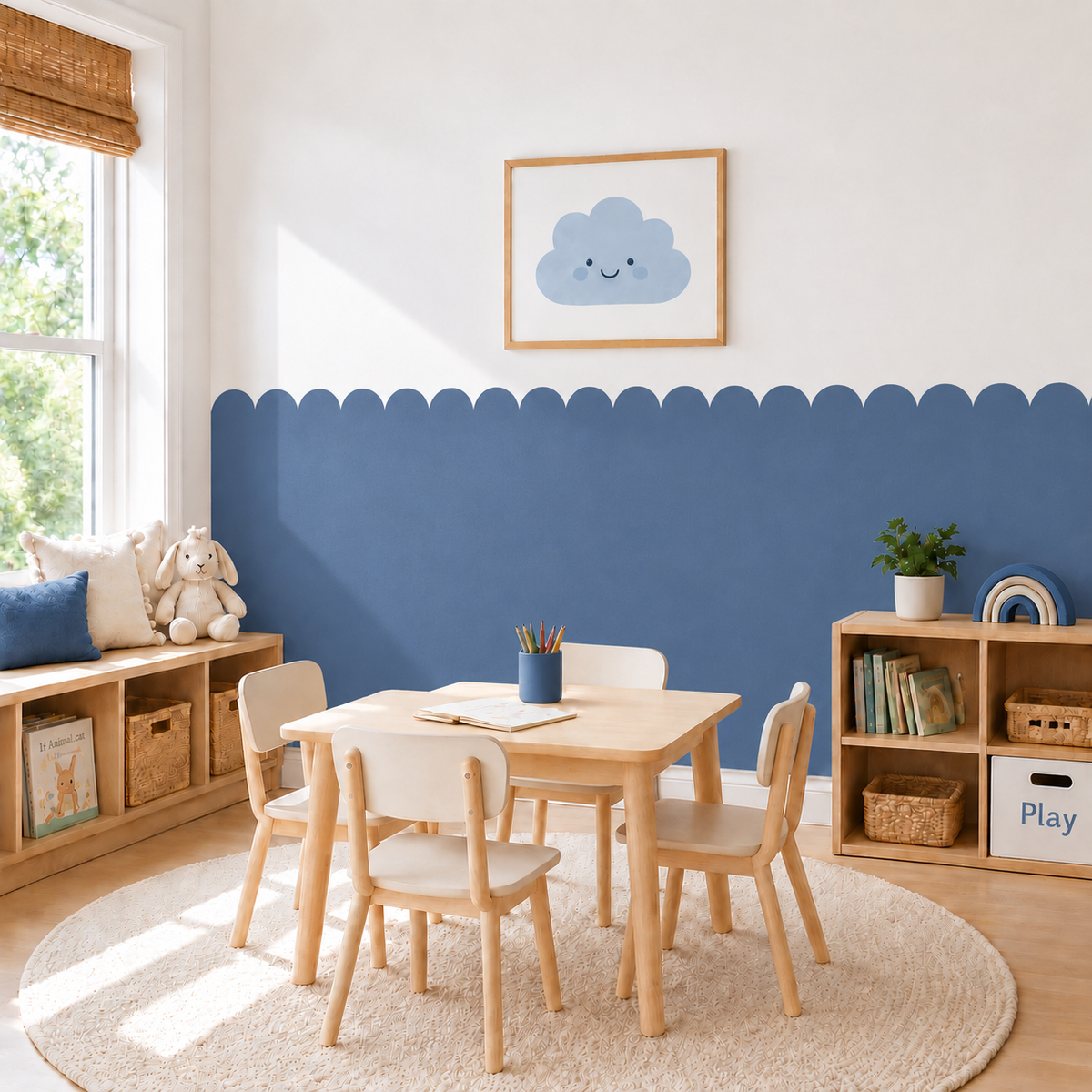 Scalloped Peel and Stick Navy Half Wall Wallpaper