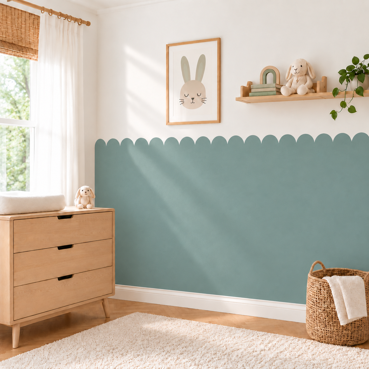 Scalloped Peel and Stick Eucalyptus Half Wall Wallpaper