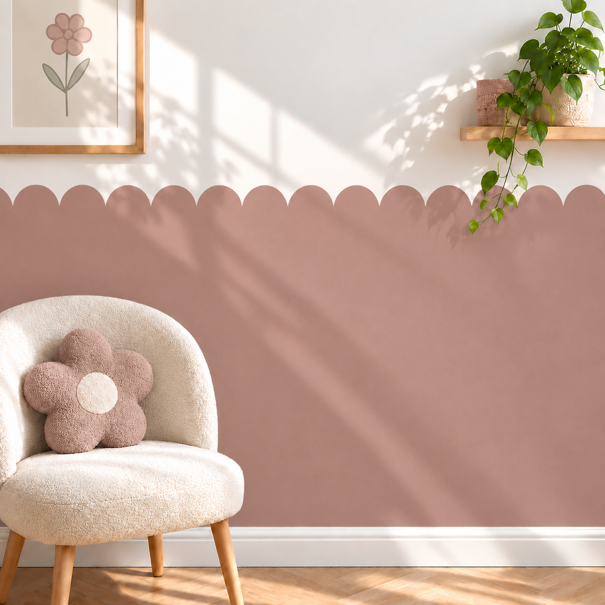 Scalloped Peel and Stick Dusty Rose Half Wall Wallpaper