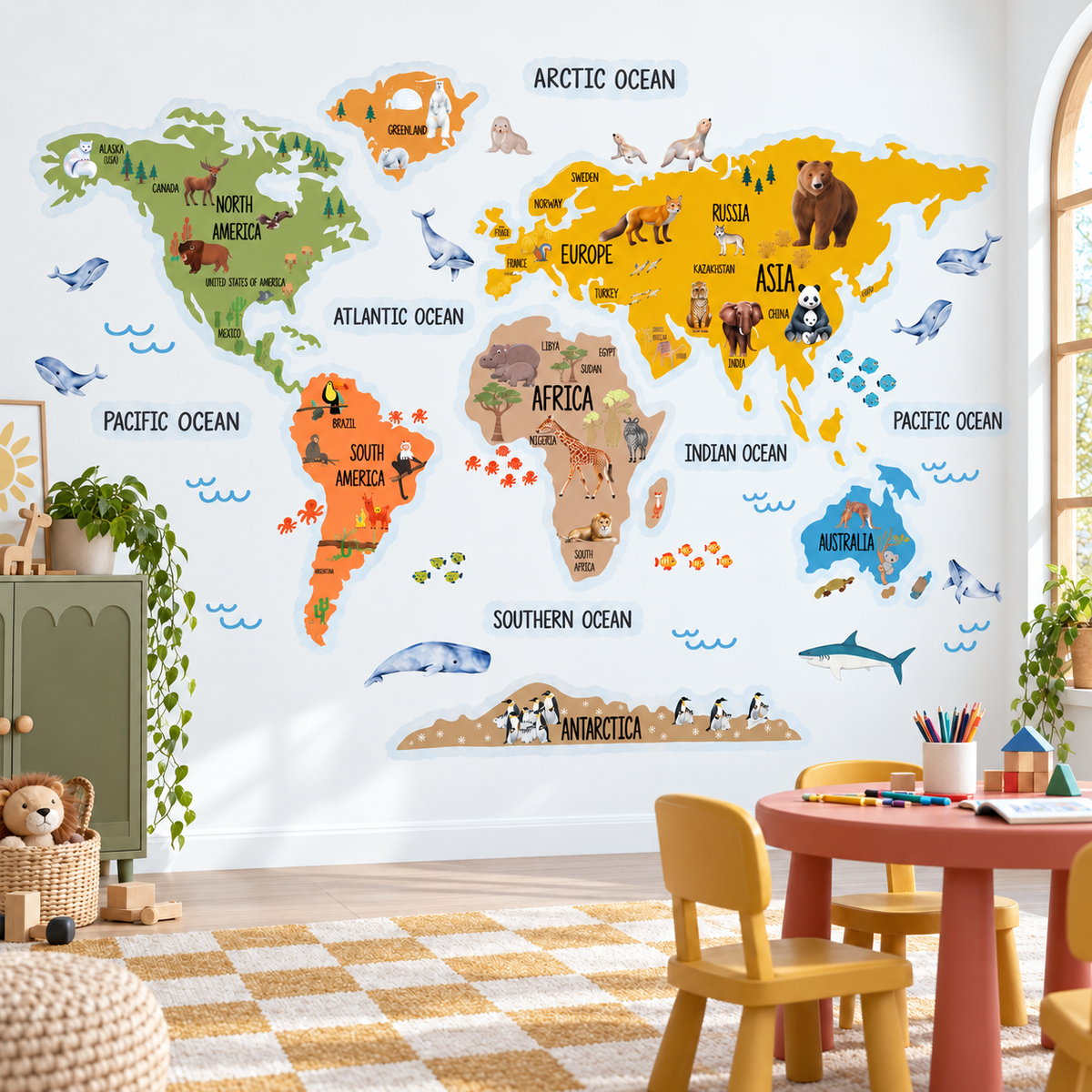 Kids Animal World Map Fabric Wall Decal - Mustard