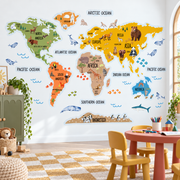 Kids Animal World Map Fabric Wall Decal - Mustard
