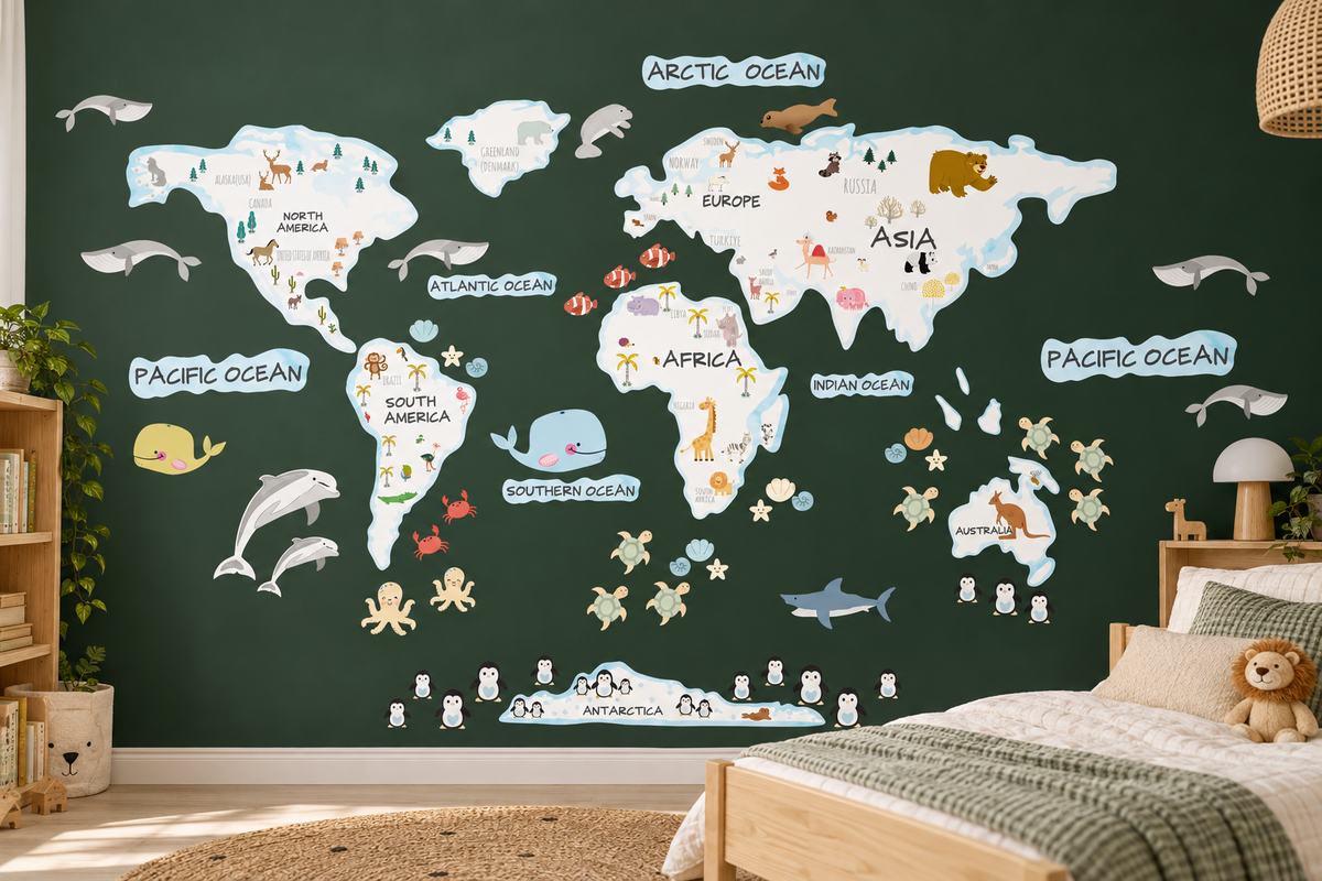 Animals World Map Fabric Wall Decal - White