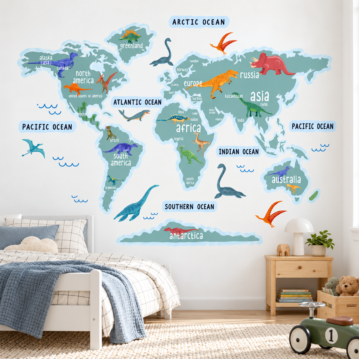 Dinosaur World Map Fabric Wall Decal - Blue