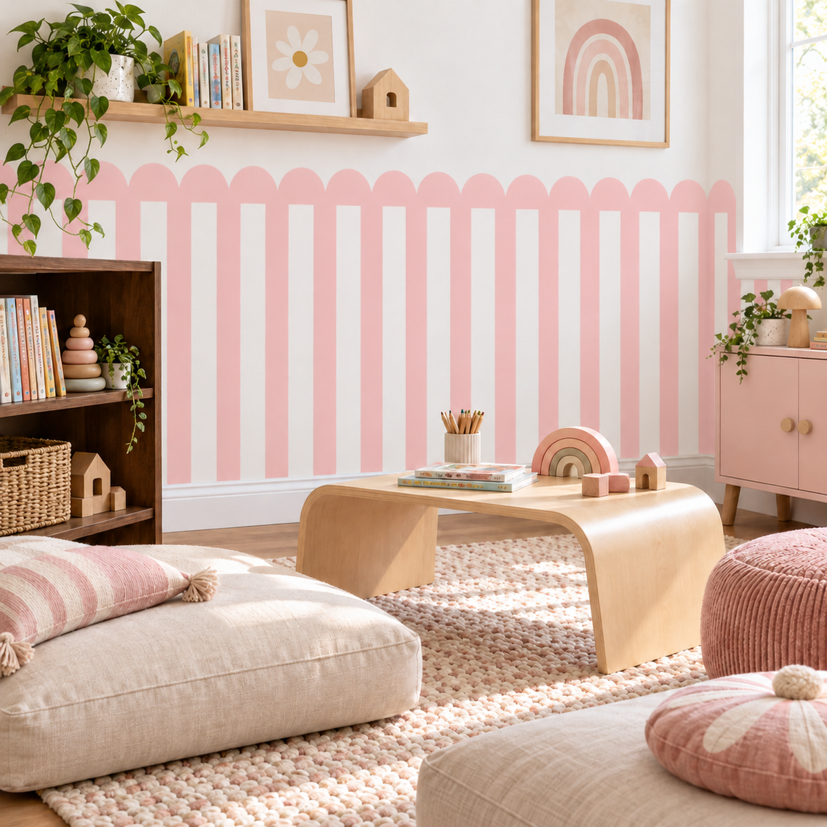 Stripe Peel and Stick Pink Scallop Half Wall Wallpaper