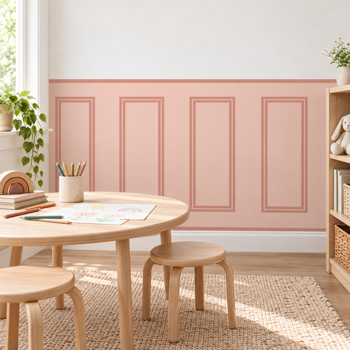 Traditional Peel and Stick Pink Half Wall Wallpaper