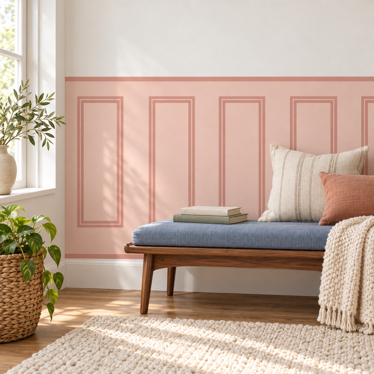 Traditional Peel and Stick Pink Half Wall Wallpaper