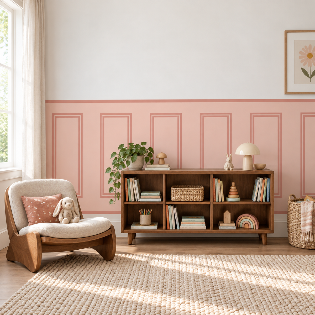 Traditional Peel and Stick Pink Half Wall Wallpaper