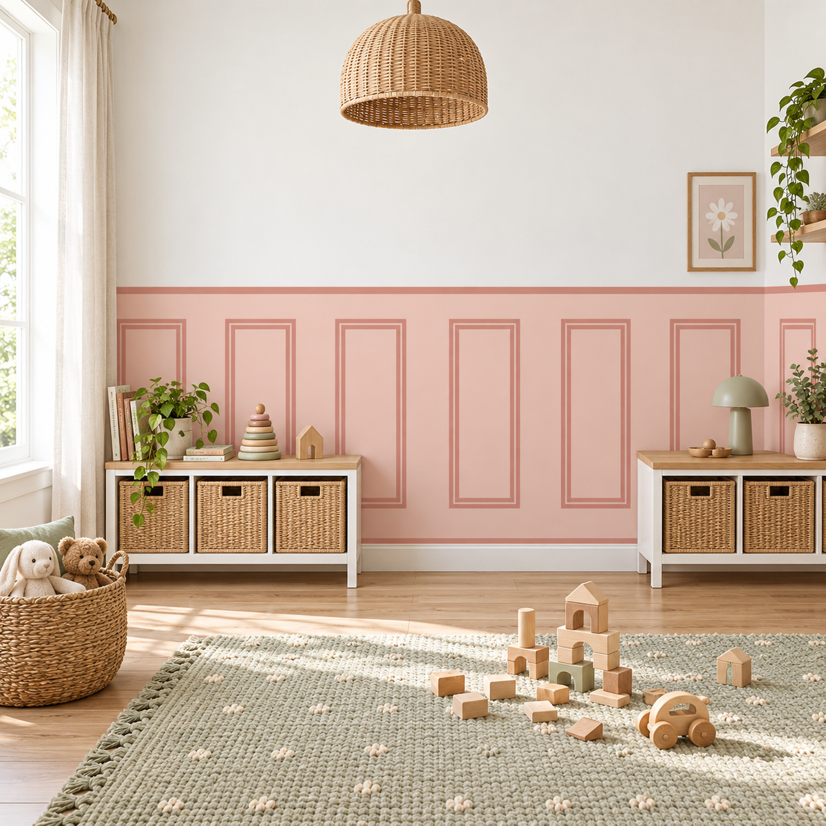 Traditional Peel and Stick Pink Half Wall Wallpaper