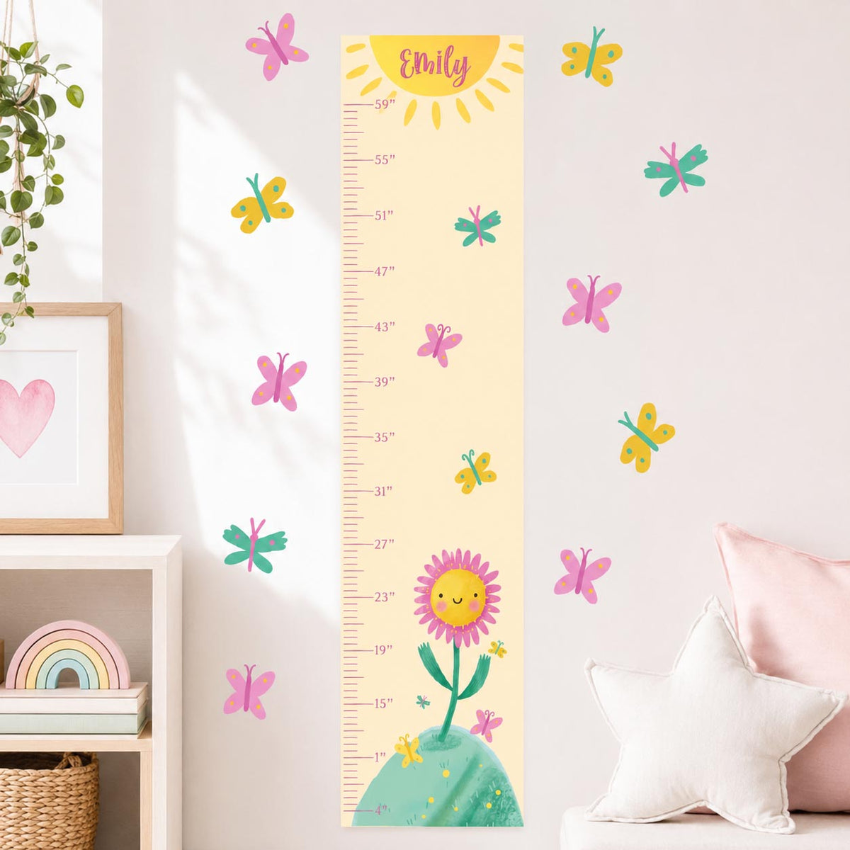Personalized Pink Daisy Growth Chart Textile Decal