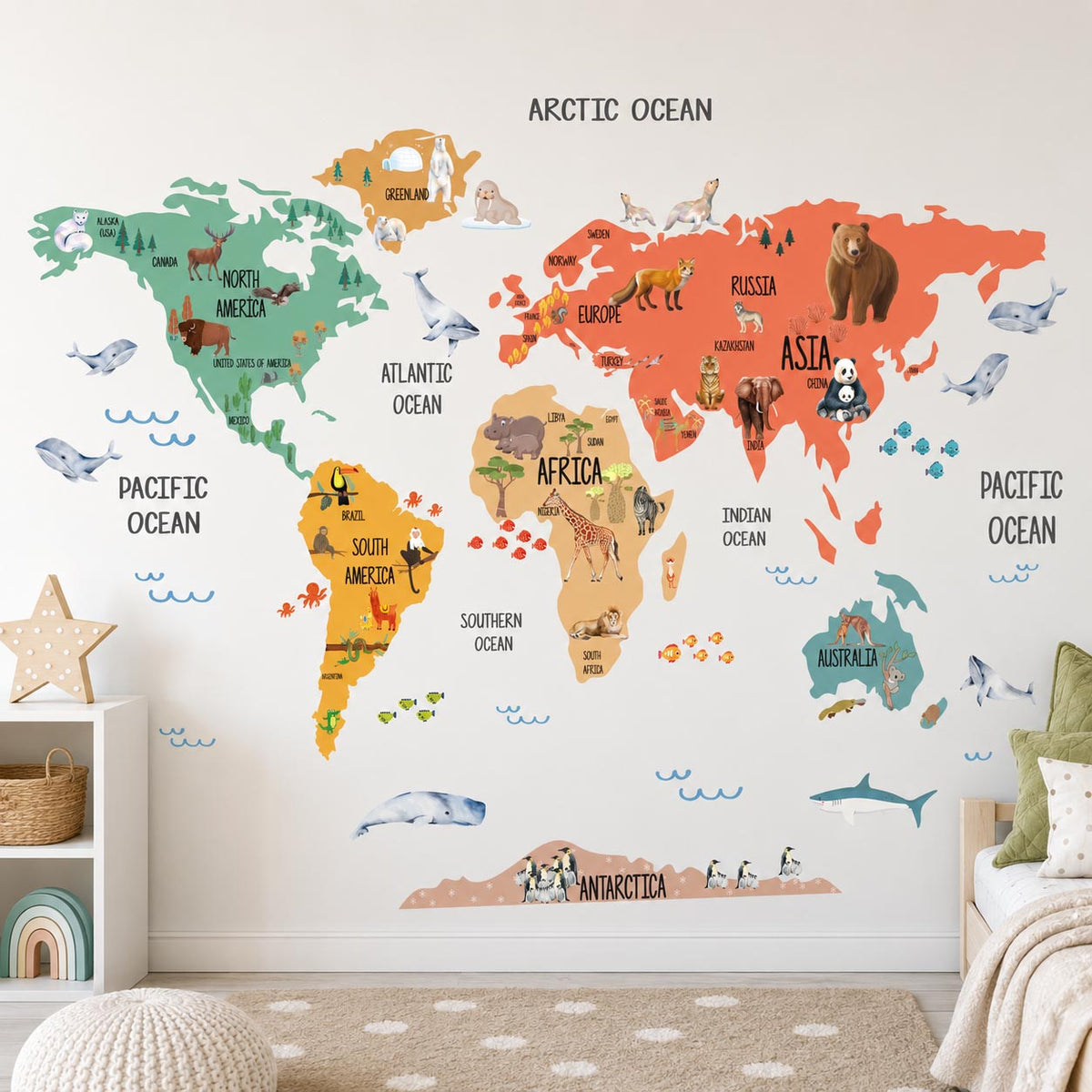 World Map Coral Textile Decal for Kids Room