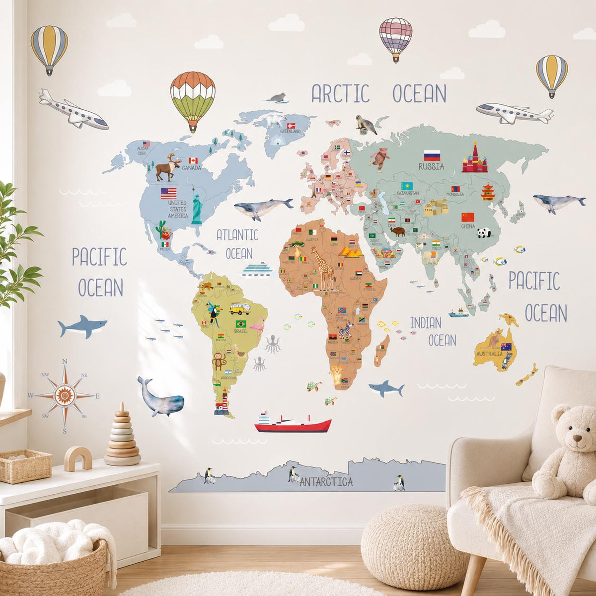 World Map Countries Sky Textile Decal for Kids Room