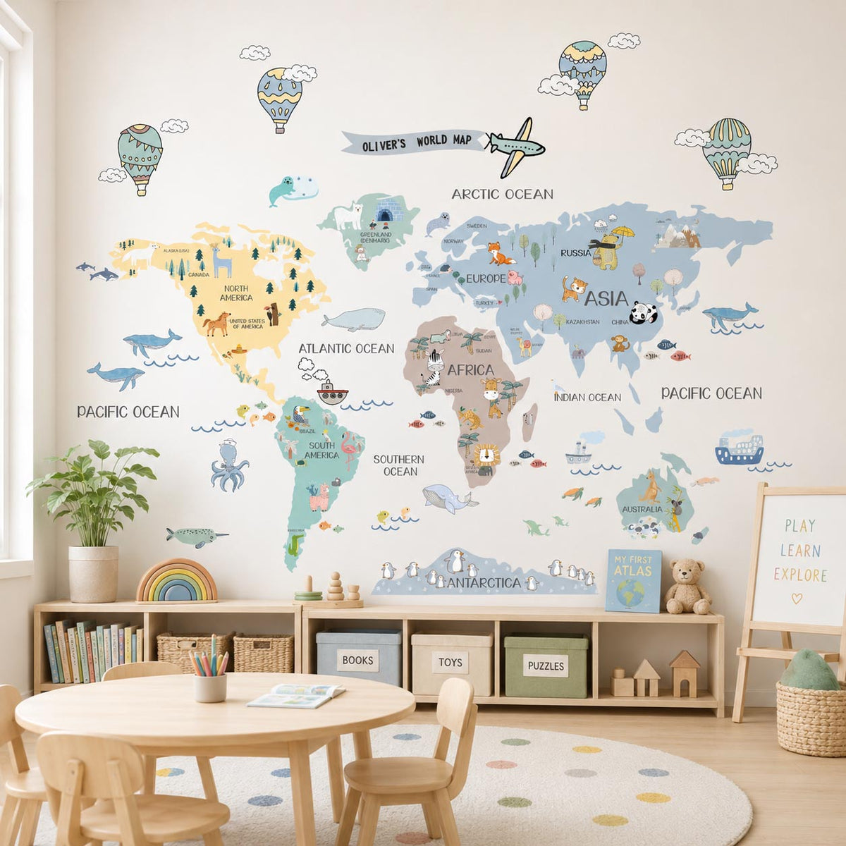 World Map Custom Sky Textile Decal for Nursery