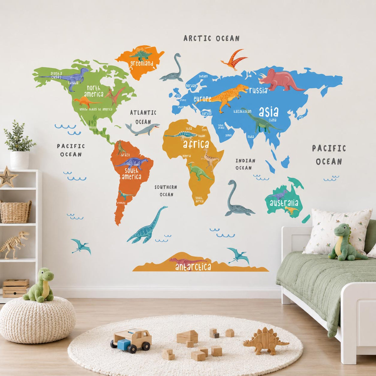 World Map Dinosaur Colorful Textile Decal for Kids Room