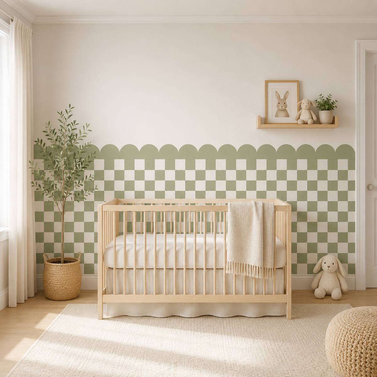 Scalloped Peel and Stick Checkerboard Sage Green Half Wall Wallpaper