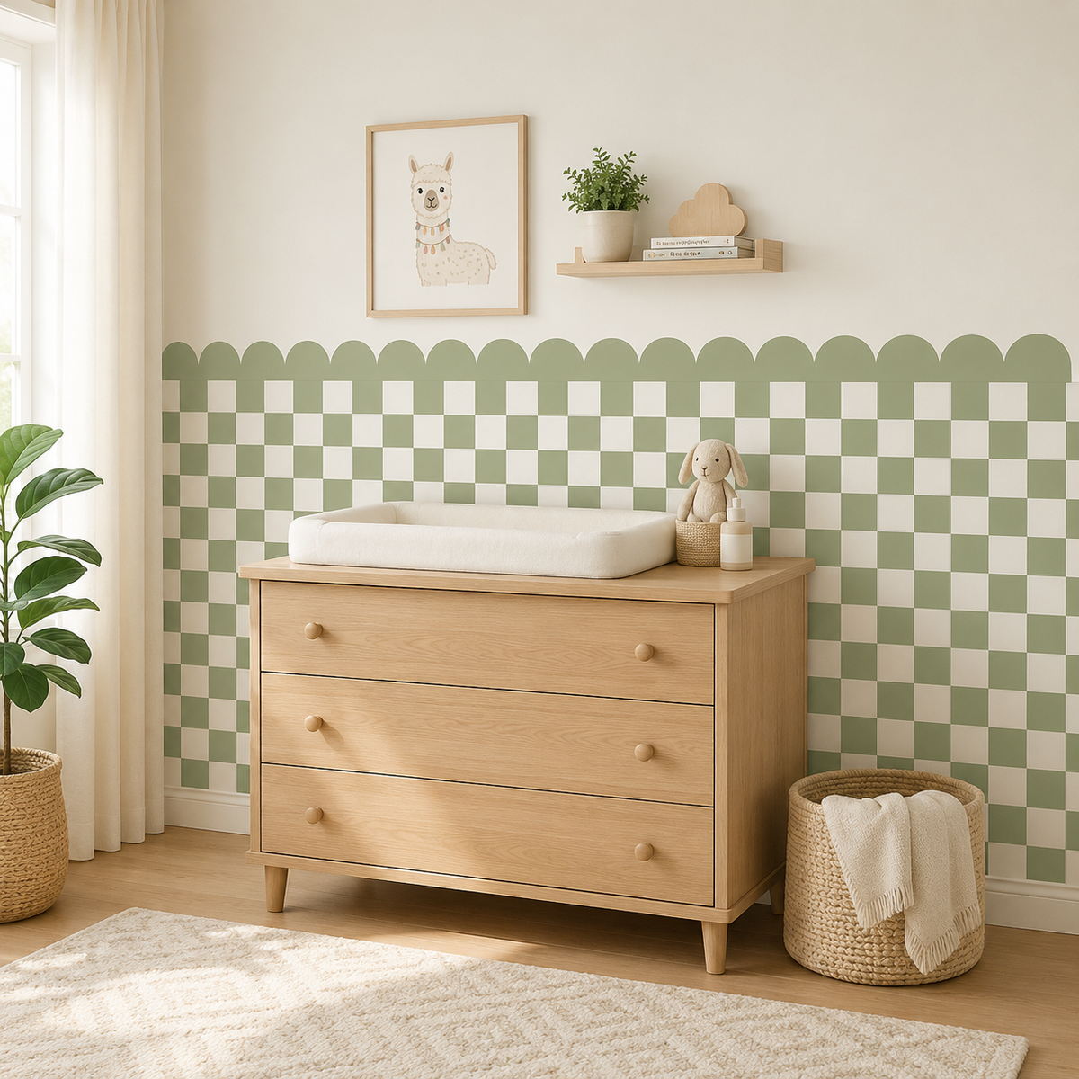 Scalloped Peel and Stick Checkerboard Sage Green Half Wall Wallpaper