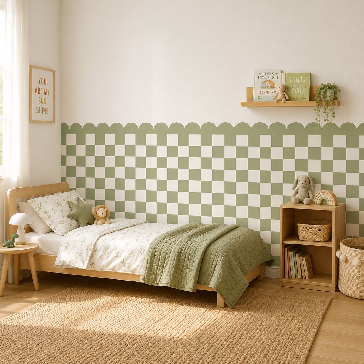 Scalloped Peel and Stick Checkerboard Sage Green Half Wall Wallpaper