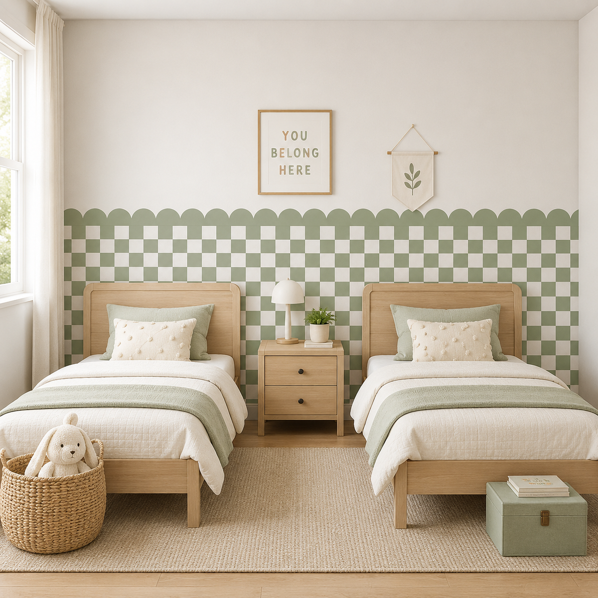 Scalloped Peel and Stick Checkerboard Sage Green Half Wall Wallpaper