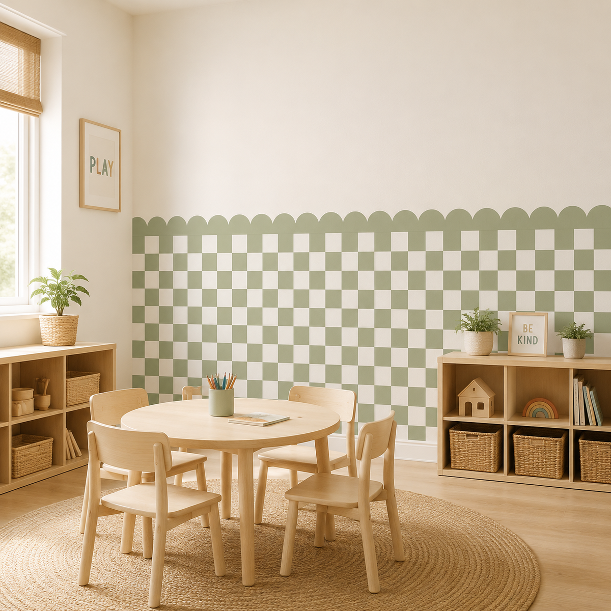 Scalloped Peel and Stick Checkerboard Sage Green Half Wall Wallpaper