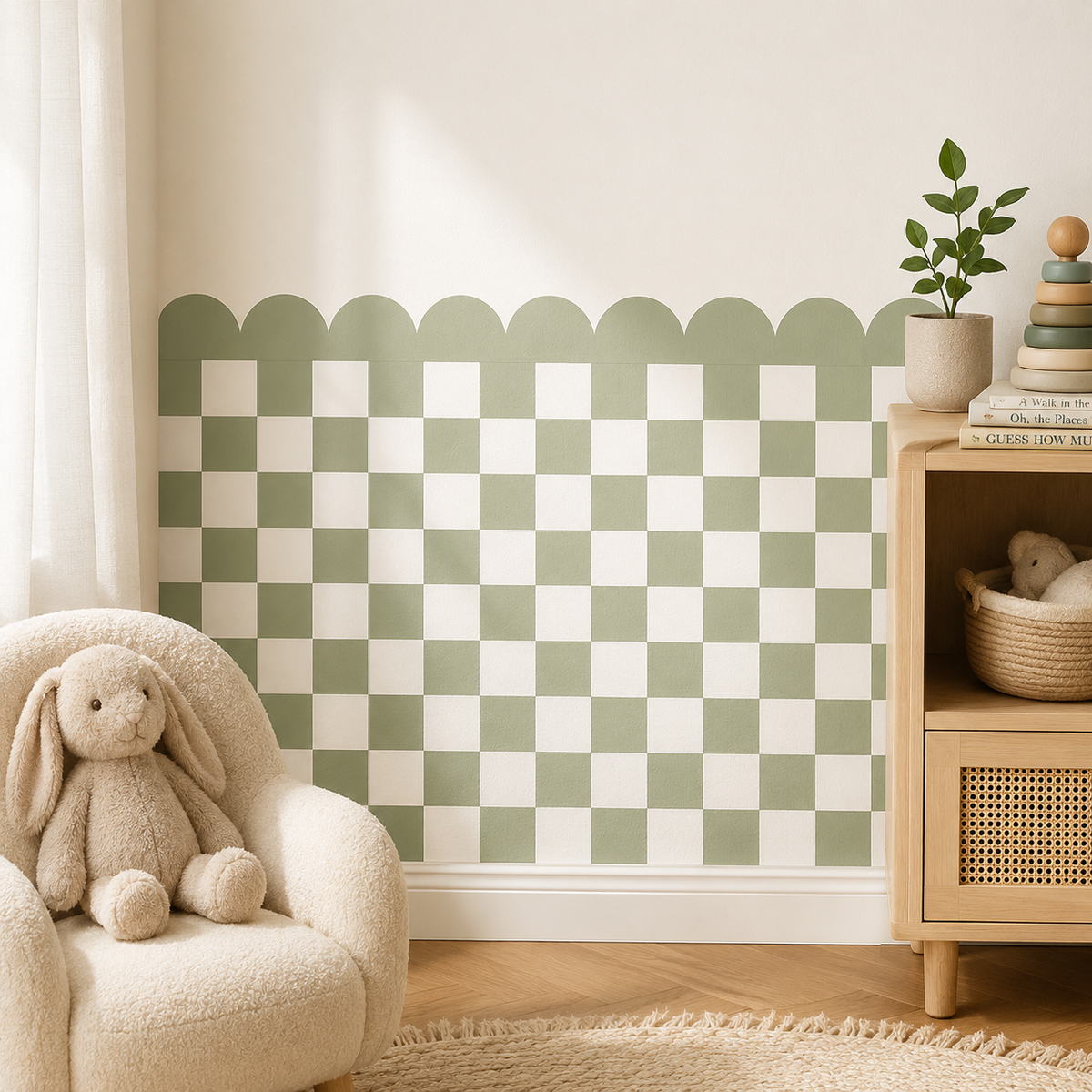 Scalloped Peel and Stick Checkerboard Sage Green Half Wall Wallpaper