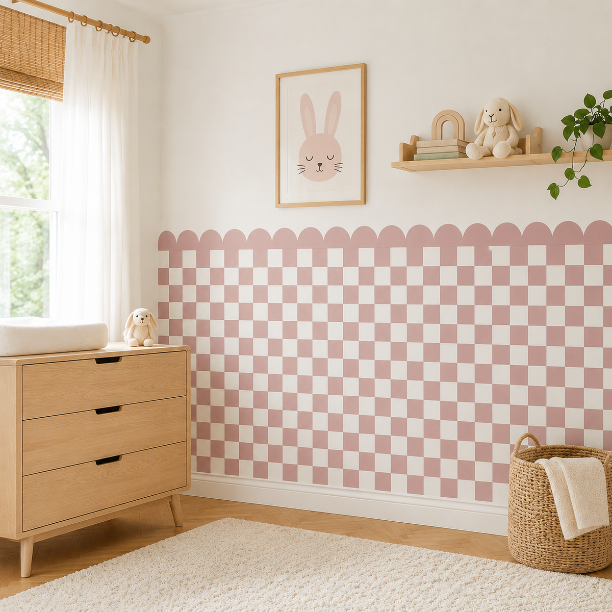 Scalloped Peel and Stick Checkerboard Muted Pink Half Wall Wallpaper
