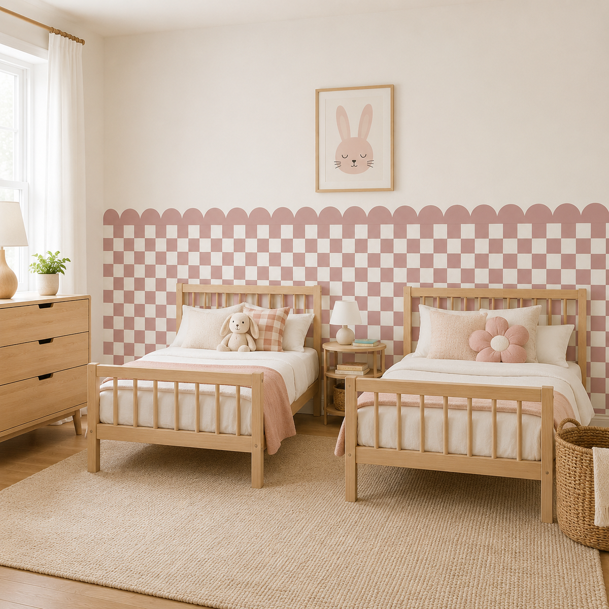Scalloped Peel and Stick Checkerboard Muted Pink Half Wall Wallpaper