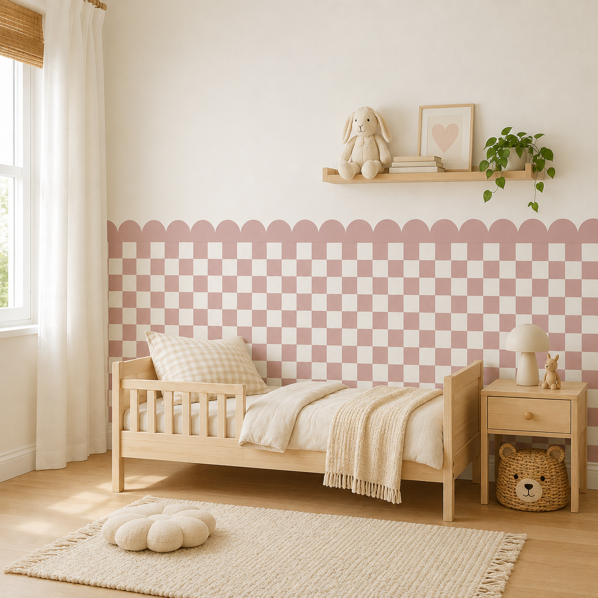 Scalloped Peel and Stick Checkerboard Muted Pink Half Wall Wallpaper