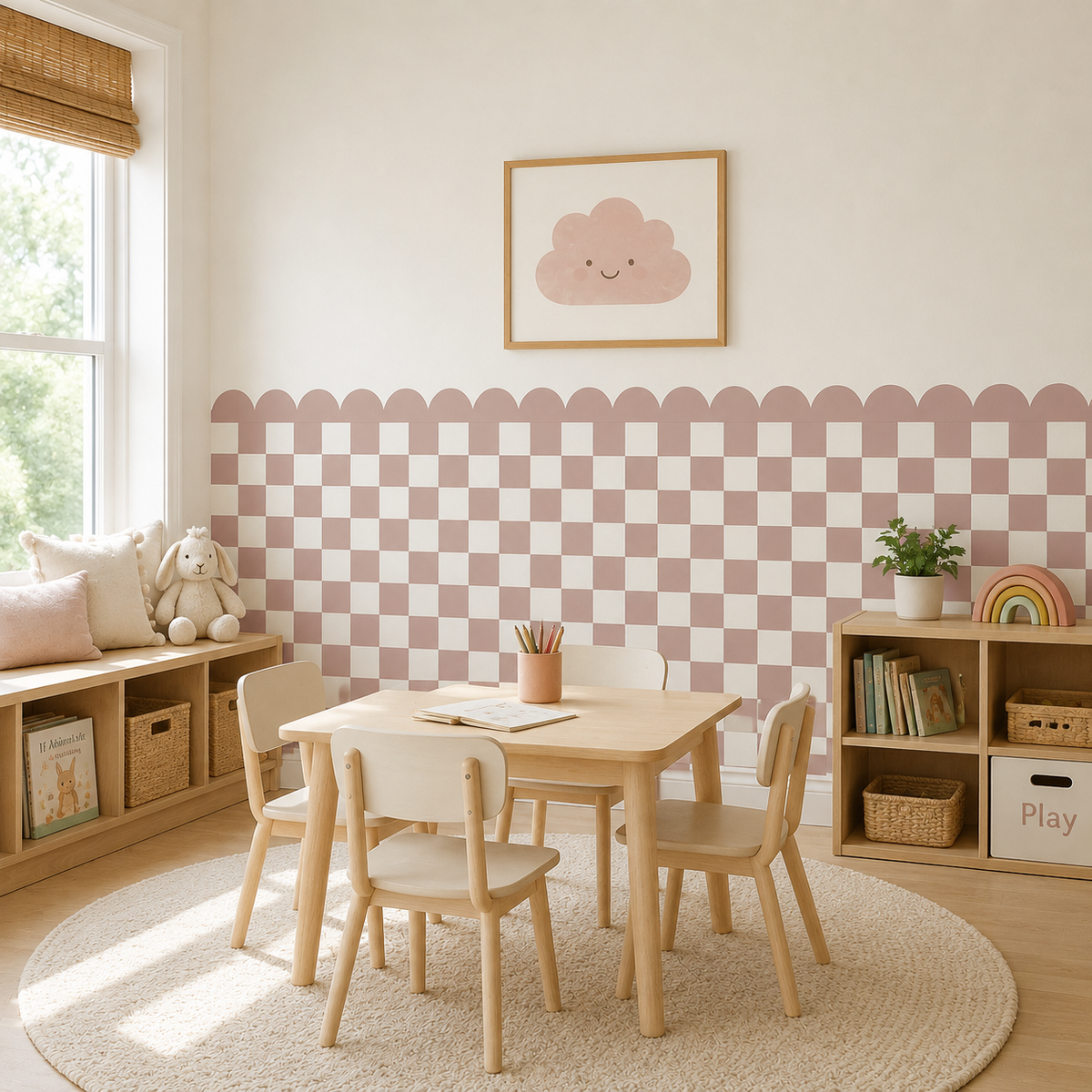 Scalloped Peel and Stick Checkerboard Muted Pink Half Wall Wallpaper