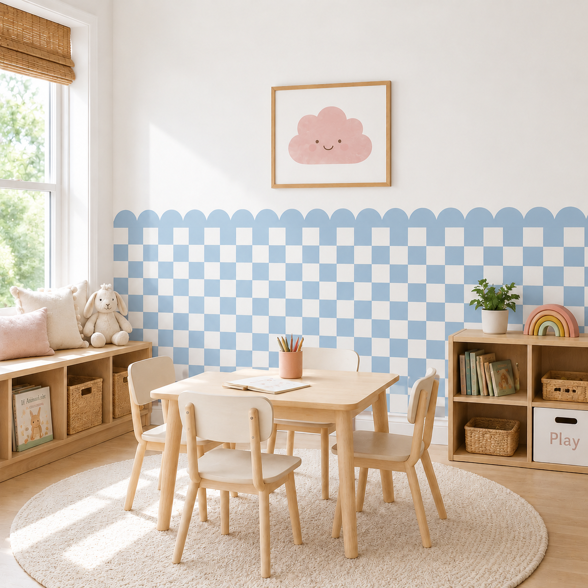 Scalloped Peel and Stick Checkerboard Blue Half Wall Wallpaper