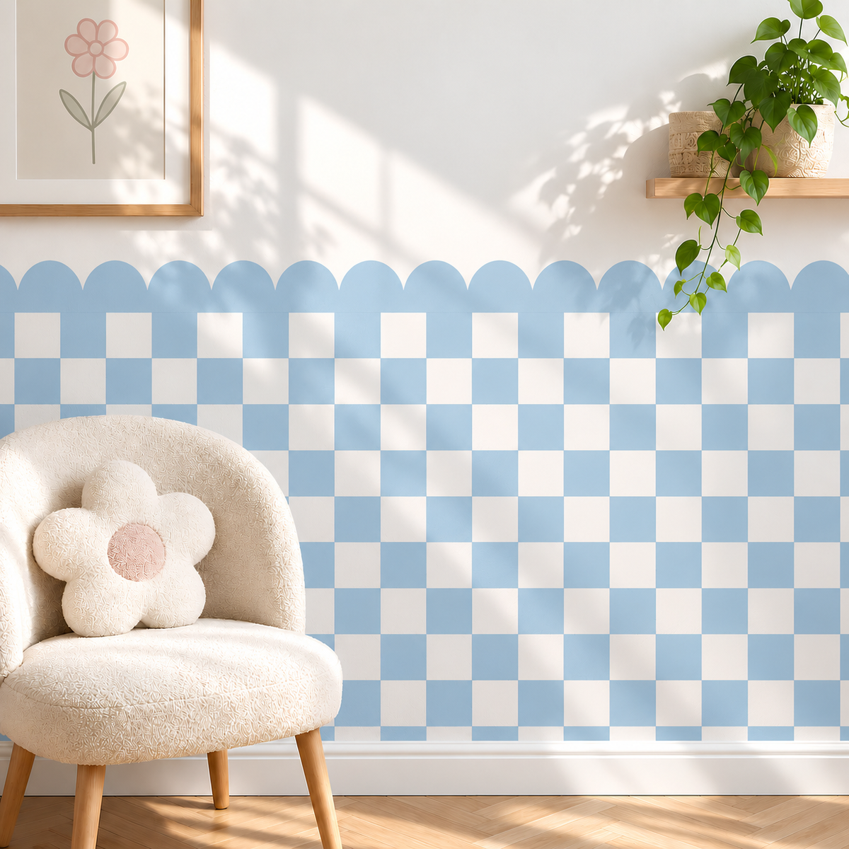 Scalloped Peel and Stick Checkerboard Blue Half Wall Wallpaper