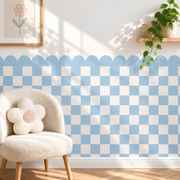 Scalloped Peel and Stick Checkerboard Blue Half Wall Wallpaper