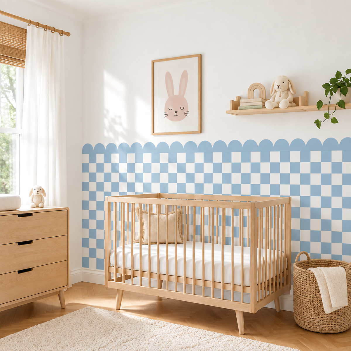 Scalloped Peel and Stick Checkerboard Blue Half Wall Wallpaper