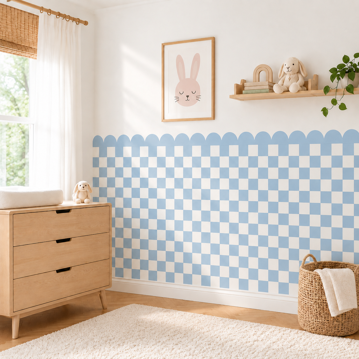 Scalloped Peel and Stick Checkerboard Blue Half Wall Wallpaper