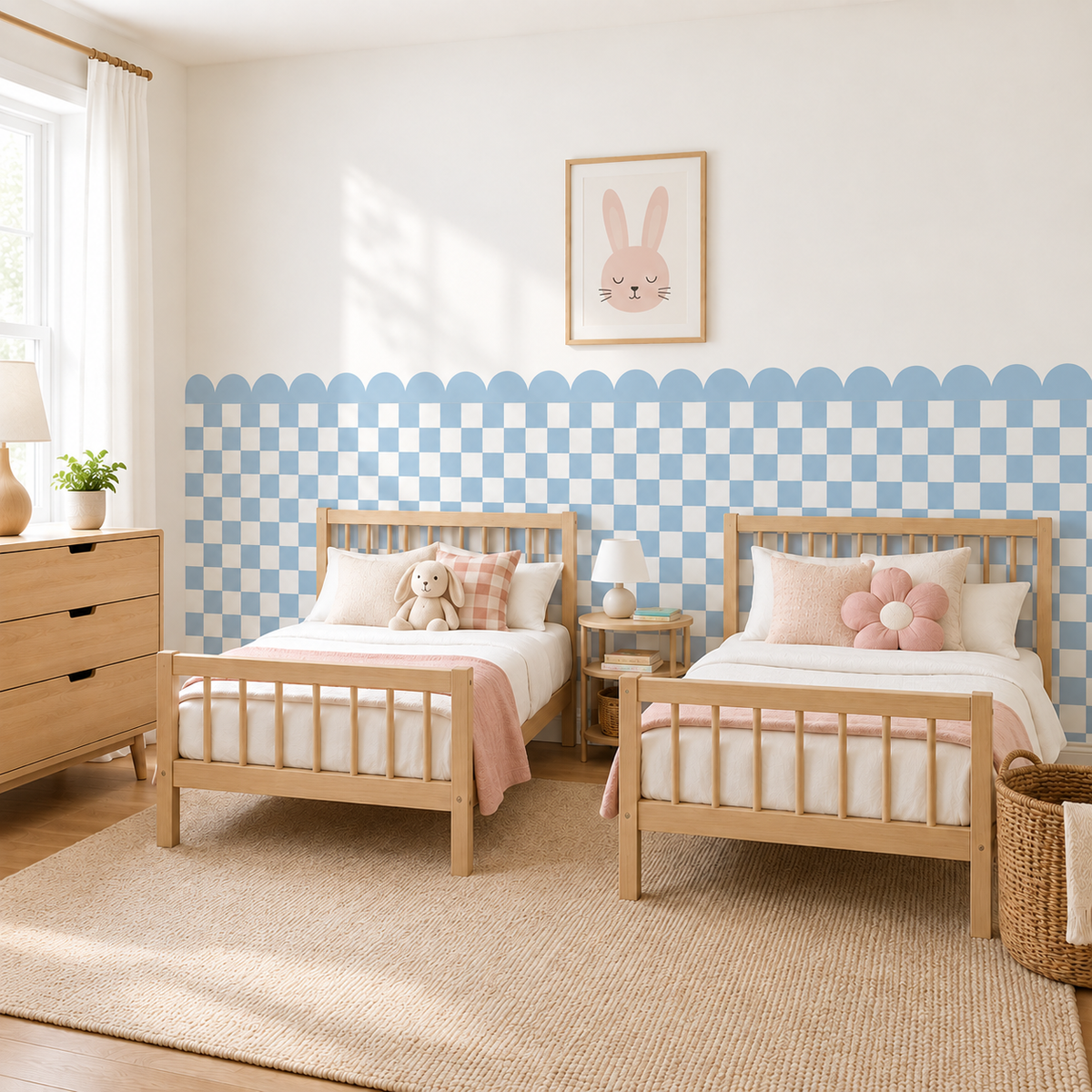 Scalloped Peel and Stick Checkerboard Blue Half Wall Wallpaper