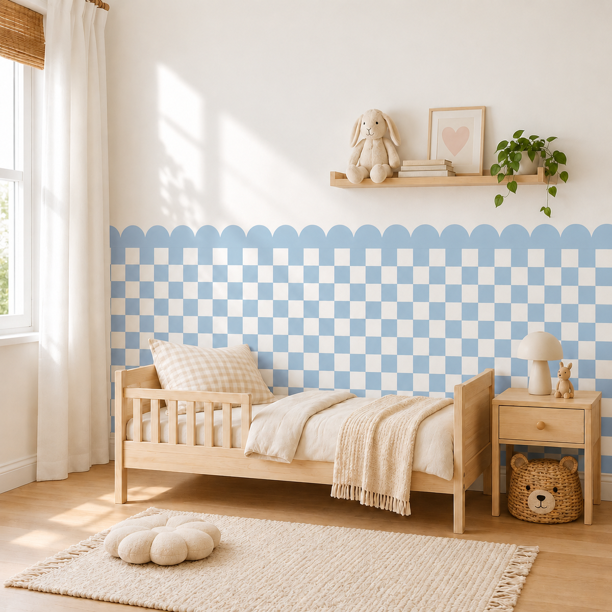 Scalloped Peel and Stick Checkerboard Blue Half Wall Wallpaper