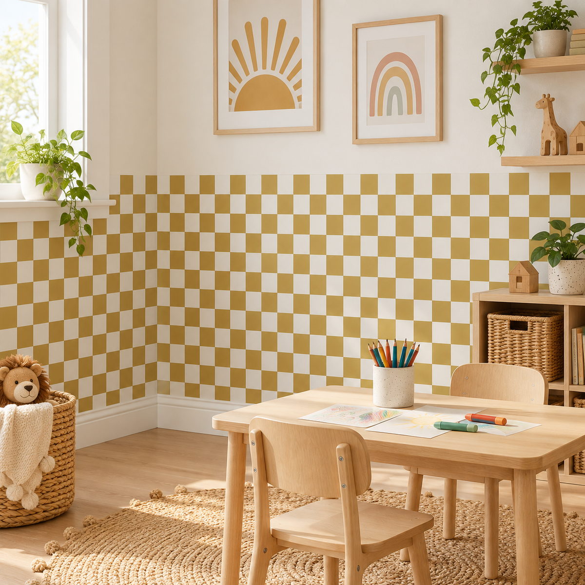 Checkerboard Peel and Stick Cozy Half Wall Wallpaper