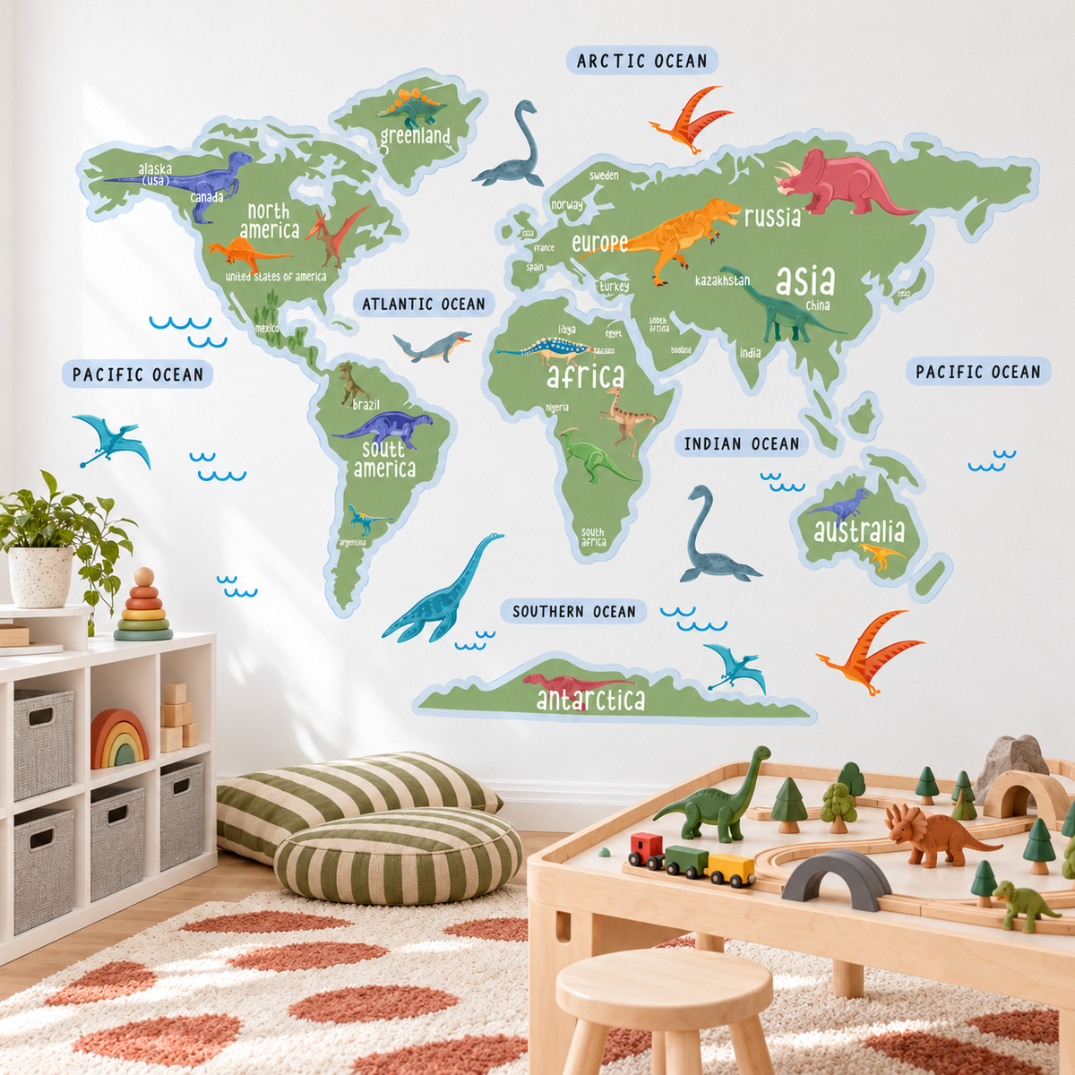 Dinosaur World Map Fabric Wall Decal - Green