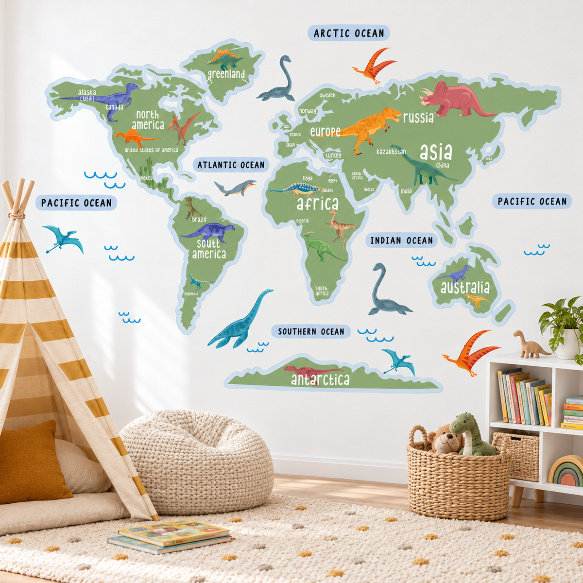 Dinosaur World Map Fabric Wall Decal - Green