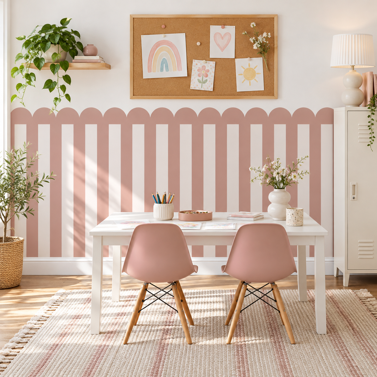 Stripe Peel and Stick Dusty Rose Scallop Half Wall Wallpaper