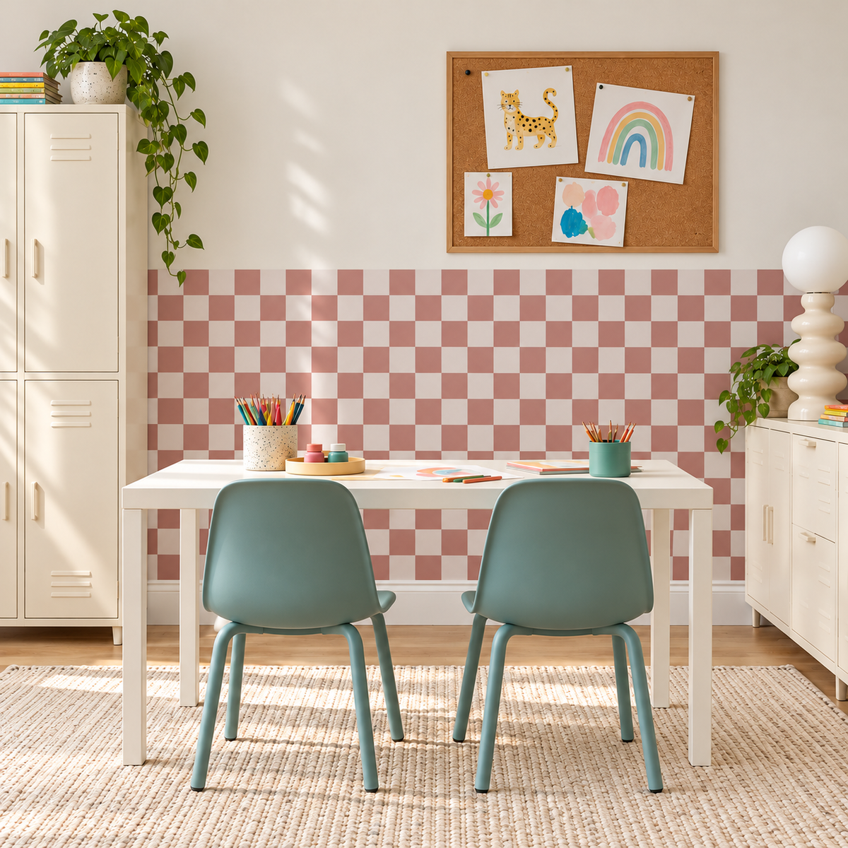 Checkerboard Peel and Stick Dusty Half Wall Wallpaper