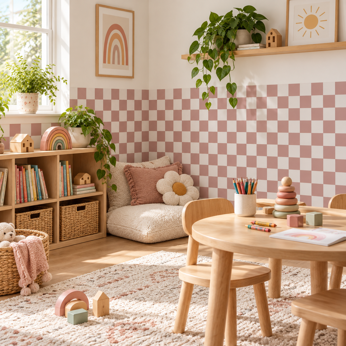 Checkerboard Peel and Stick Dusty Half Wall Wallpaper