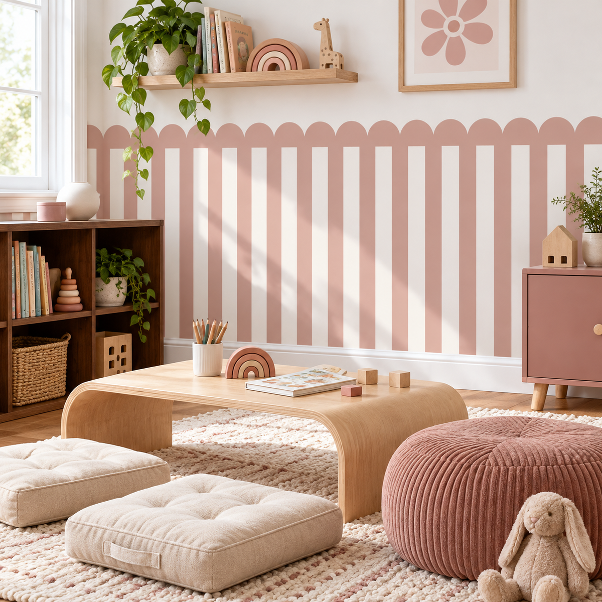 Stripe Peel and Stick Dusty Rose Scallop Half Wall Wallpaper