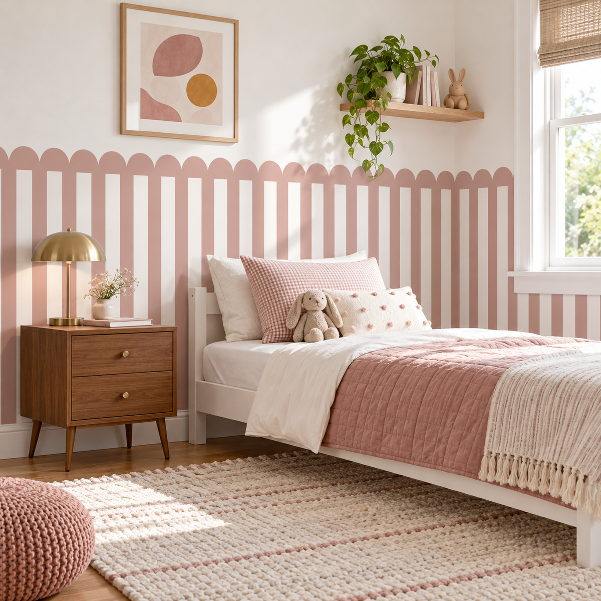 Stripe Peel and Stick Dusty Rose Scallop Half Wall Wallpaper
