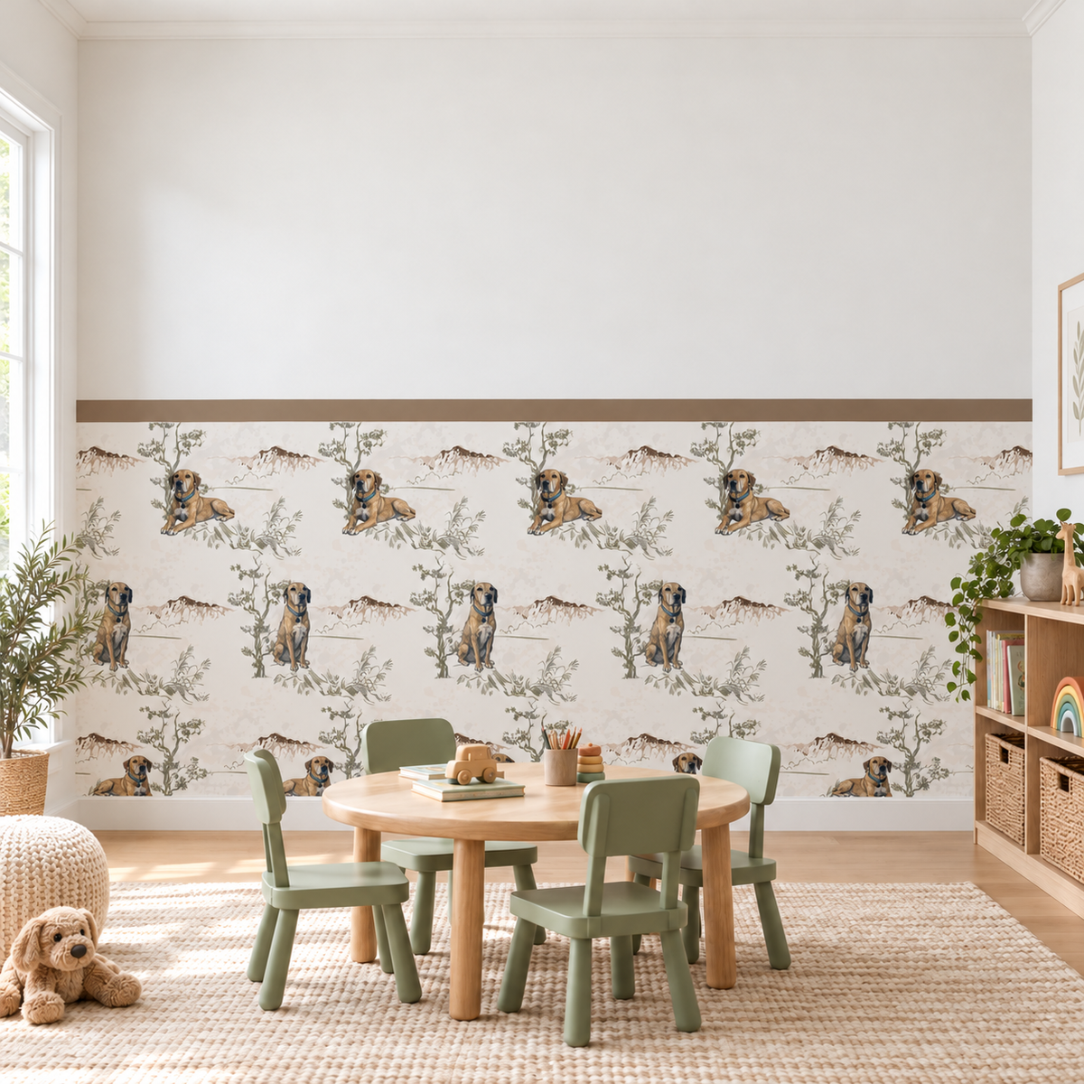 Custom Pet Toile Peel and Stick Taupe Half Wall Wallpaper