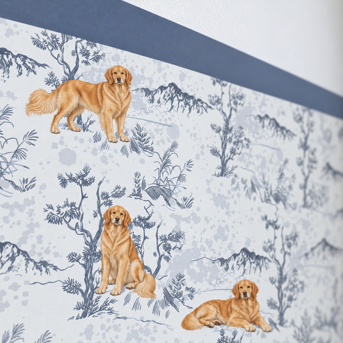 Custom Pet Toile Peel and Stick Navy Half Wall Wallpaper